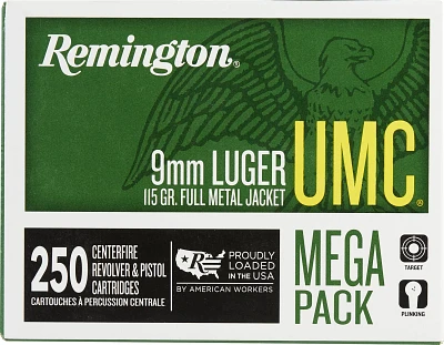 Remington UMC 9mm Luger 115-Grain Full Metal Jacket Centerfire Handgun Ammunition - 250 Rounds                                  