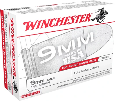 Winchester 9mm 115-Grain FMJ Centerfire Pistol Ammunition - 200 Rounds
