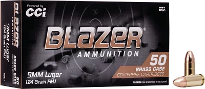 CCI Blazer Brass 9mm 124-Grain Full Metal Jacket Round Nose Centerfire Handgun Ammunition - 50 Rounds                           