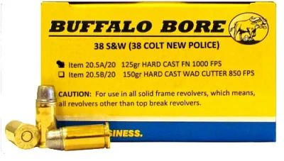 Buffalo Bore .38 S&W 125-Grain Hard-Cast Flat-Nose Centerfire Handgun Ammunition                                                