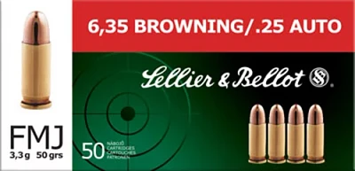 Sellier & Bellot .25 ACP 50-Grain Full Metal Jacket Centerfire Handgun Ammunition                                               
