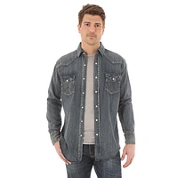 Wrangler Men's Cowboy Cut Long Sleeve Spread Collar Slub Denim Shirt