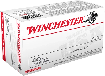 Winchester USA Full Metal Jacket Flat-Nose .40 Smith & Wesson 165-Grain Handgun Ammunition - 100 Rounds                         