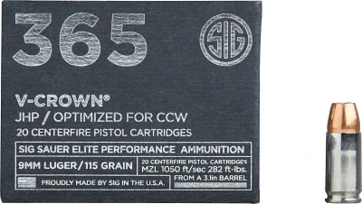 SIG SAUER V-Crown 365 9mm Luger 115-Grain Pistol Ammunition - 20 Rounds                                                         