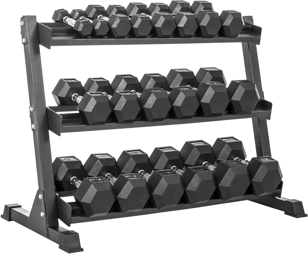 Lifeline 5 to 50 pound Hex Rubber Dumbbell Set with 3-Tier Storage Rack                                                         