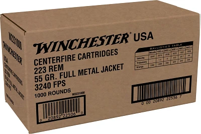 Winchester USA FMJ 223 Rem 55-Grain Centerfire Ammunition - 1000 Rounds                                                         