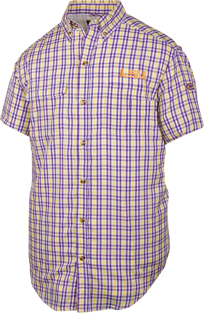 Drake Men's Louisiana State University Gingham Wingshooter Short Sleeve Button Down Shirt                                       