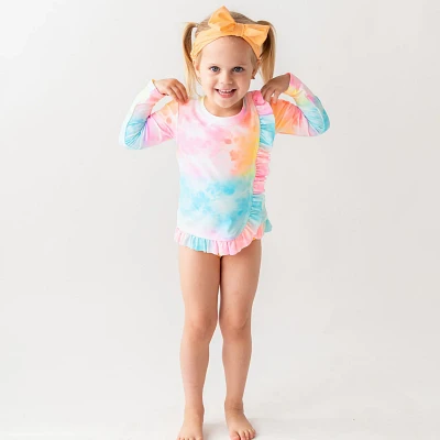 RuffleButts Toddler Girls' Rainbow Tie-Dye Ruffled Long Sleeve Rash Guard 2-Piece Set                                           