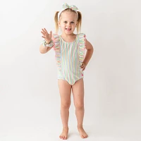 RuffleButts Girls' Rainbow Seersucker Waterfall One Piece Swimsuit                                                              