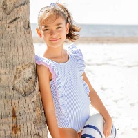 RuffleButts Girls' Seersucker Waterfall One Piece Swimsuit