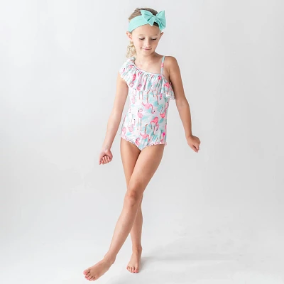 RuffleButts Girls' Vibrant Flamingo Ruffle One Piece Swimsuit