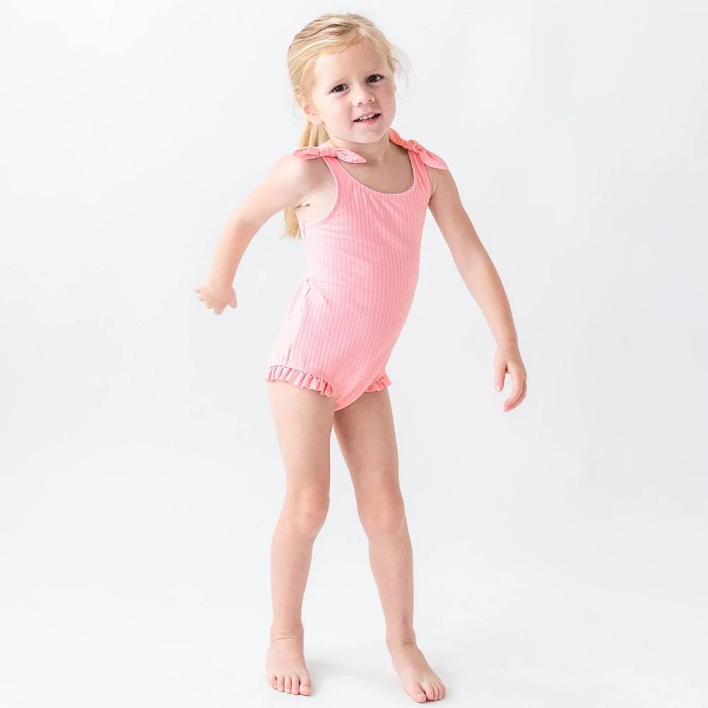 RuffleButts Girls' Seersucker Tie Shoulder One Piece Swimsuit