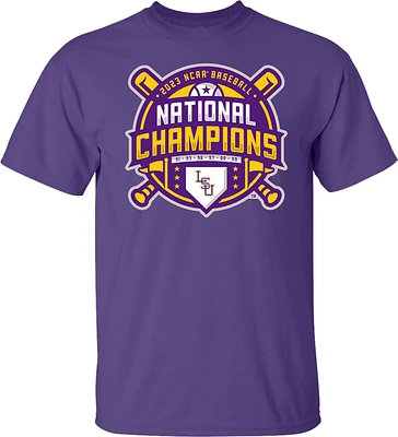 Bayou Apparel Men's LSU 2023 College World Series Baseball National Champs Official Logo Short Sleeve T-Shirt