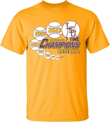 Bayou Apparel Men's LSU 2023 College World Series Baseball National Champs Swoosh Balls Short Sleeve T-Shirt