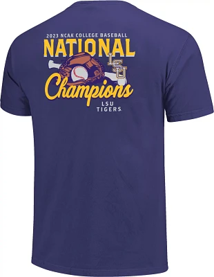 Image One Men's LSU 2023 College World Series Baseball National Champs Glove & Bat Comfort Colors Short Sleeve T-Shirt