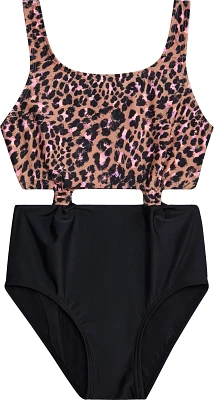 O'Rageous Girls' Leopard Side Bungees 1-Piece Swimsuit