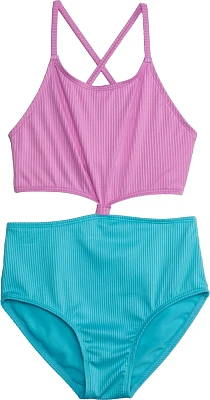 O'Rageous Girls' Rib Knit Colorblock One Piece Swimsuit