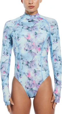 Nike Women's Swim Hydralock Fusion Aqua Floral Print Long Sleeve 1-Piece Swimsuit