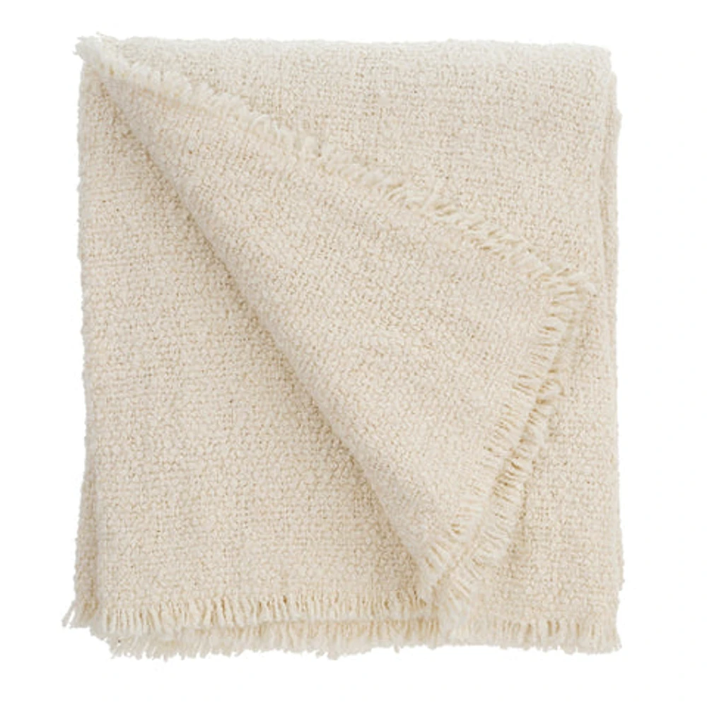 Fringed Boucle Throw Blanket Off White