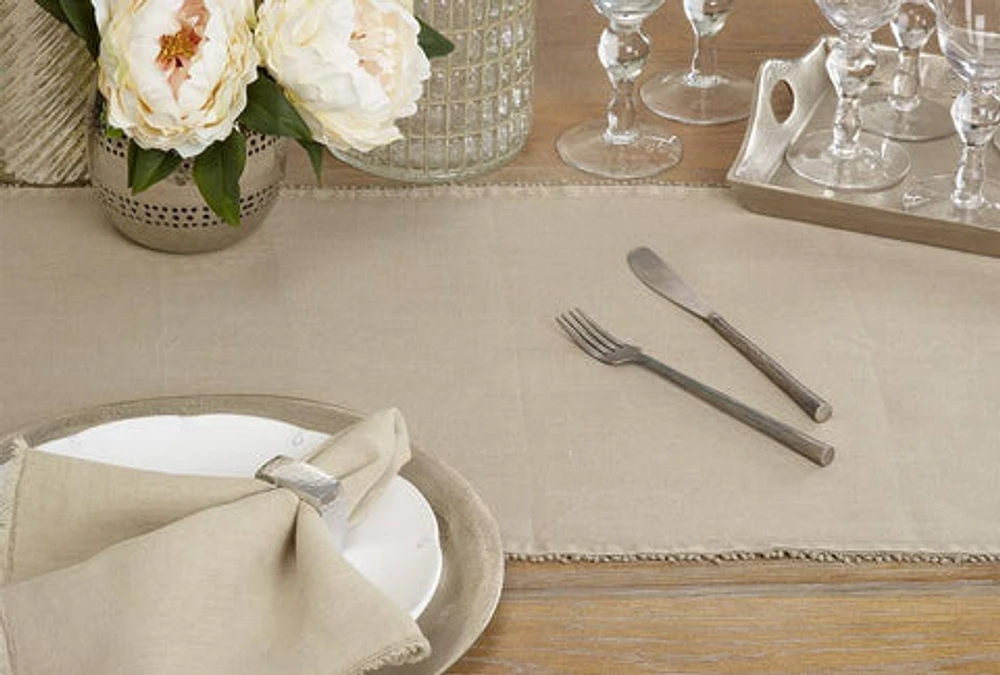 Fringed Design Stone Washed Linen Runner - Natural