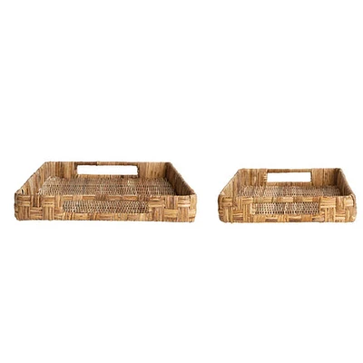 Decorative Hand-Woven Rattan Trays w/ Handles, Natural, Set of 2