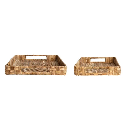 Decorative Hand-Woven Rattan Trays w/ Handles, Natural