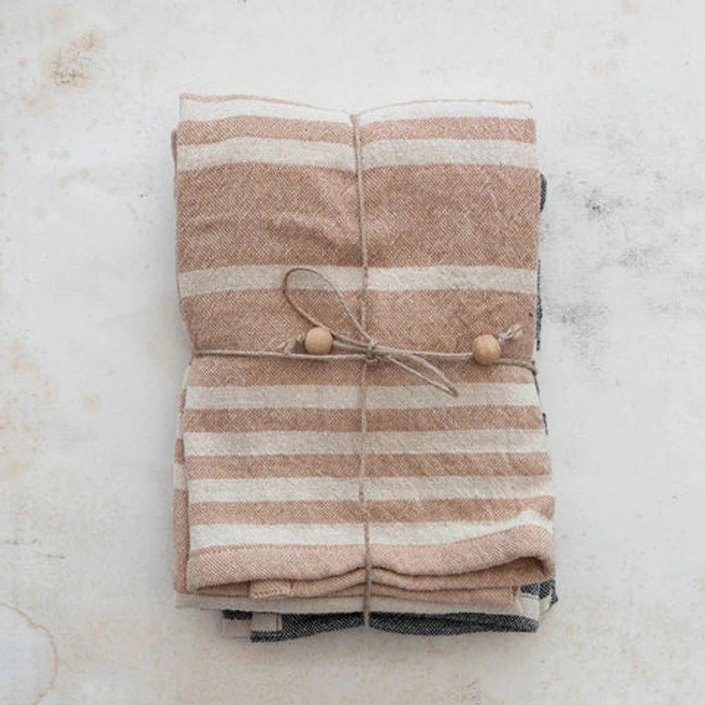 Cotton Double Cloth Striped Tea Towels w/ Jute & Wood Bead Tie- Set of