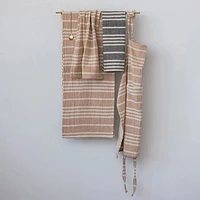 Cotton Double Cloth Striped Tea Towels w/ Jute & Wood Bead Tie- Set of