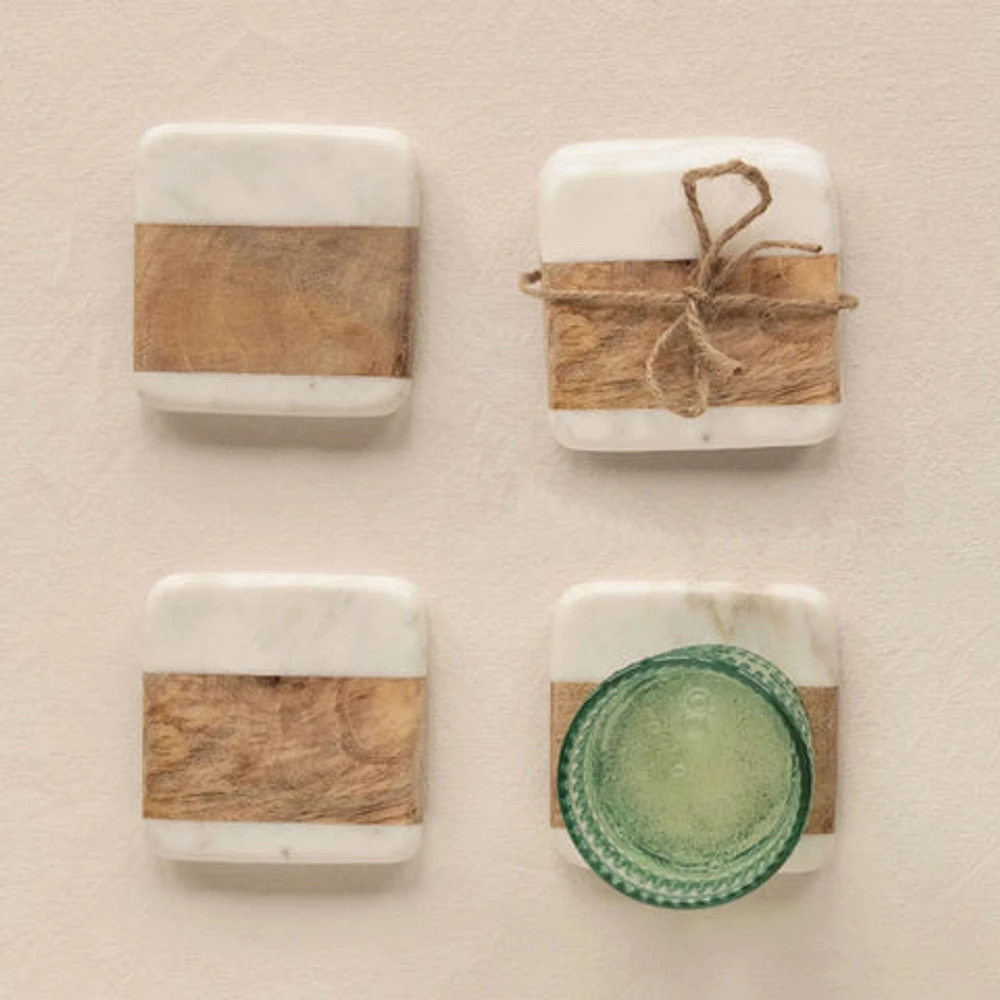 Marble and Acacia Wood Coasters, Set of 4