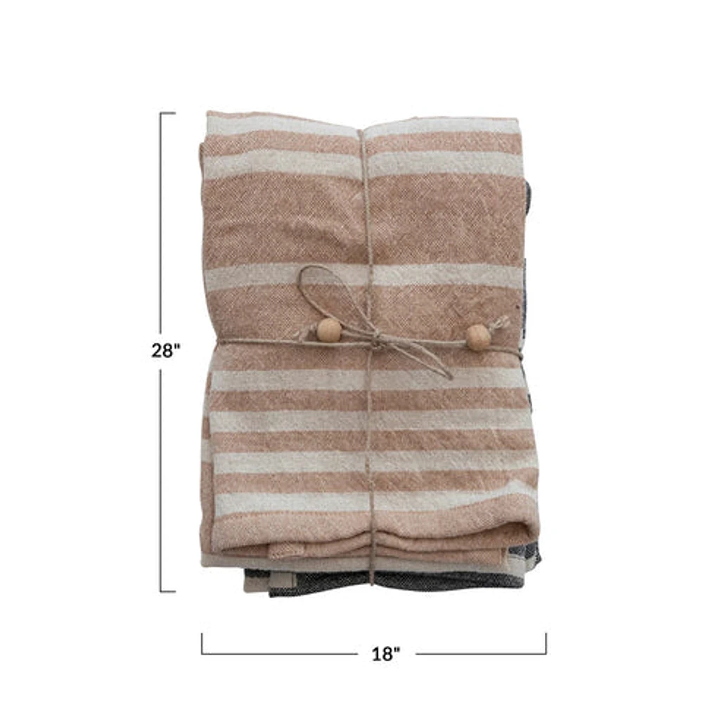 Cotton Double Cloth Striped Tea Towels w/ Jute & Wood Bead Tie- Set of