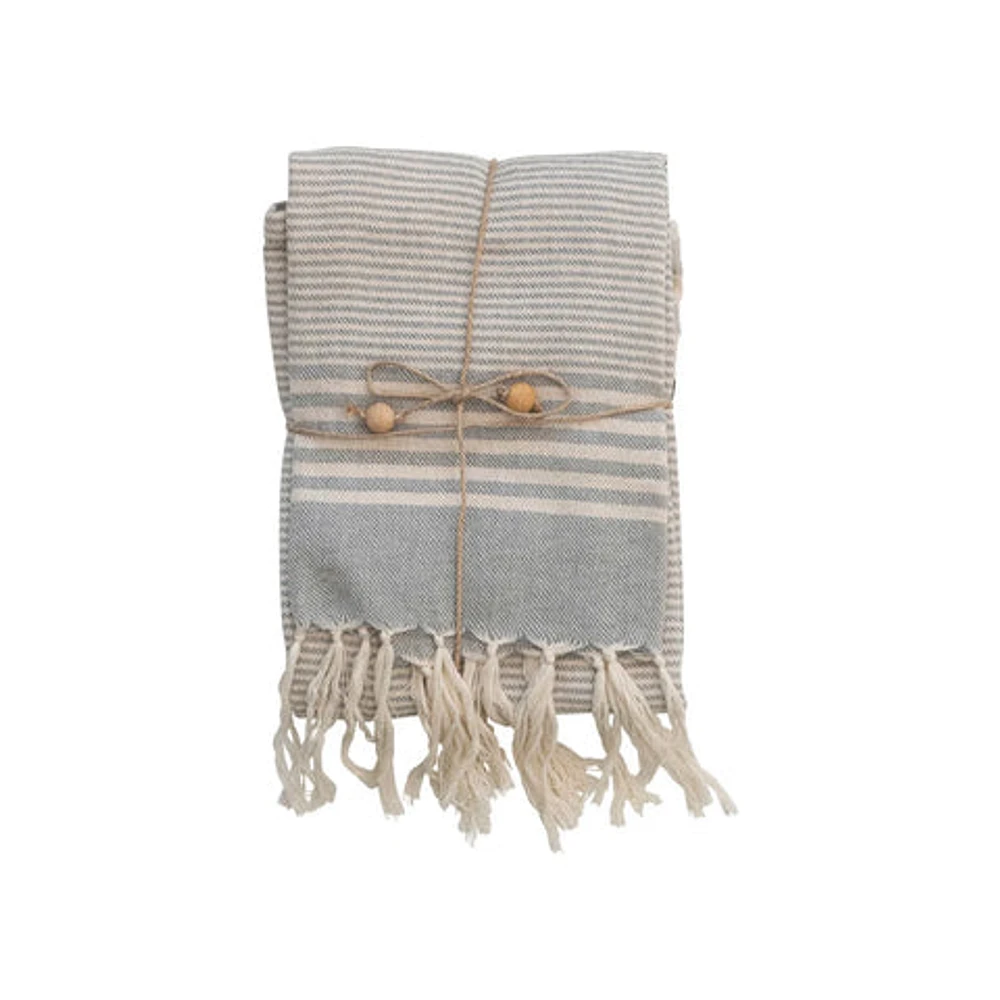 Woven Cotton Tea Towels w/ Stripes, Jute & Wood Bead Tie, 3 Styles, Se