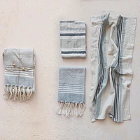 Woven Cotton Tea Towels w/ Stripes, Jute & Wood Bead Tie, 3 Styles, Se