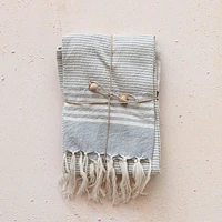 Woven Cotton Tea Towels w/ Stripes, Jute & Wood Bead Tie, 3 Styles, Se