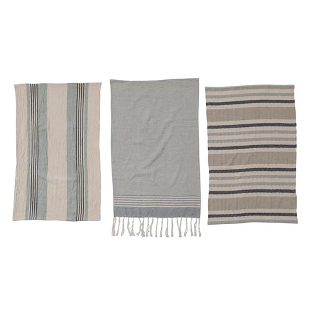 Woven Cotton Tea Towels w/ Stripes, Jute & Wood Bead Tie, 3 Styles, Se