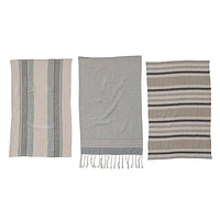 Woven Cotton Tea Towels w/ Stripes, Jute & Wood Bead Tie, 3 Styles, Se