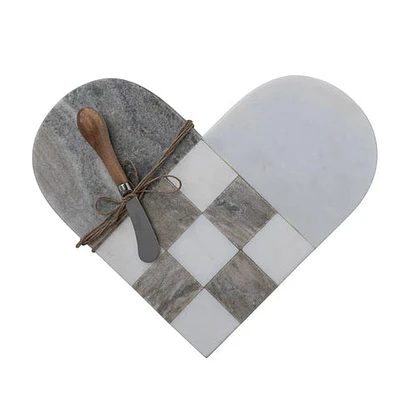 Two-Tone Marble Heart Shaped Cheese/Cutting Board w/ Canape Knife - Gr