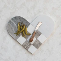 Two-Tone Marble Heart Shaped Cheese/Cutting Board w/ Canape Knife - Gr