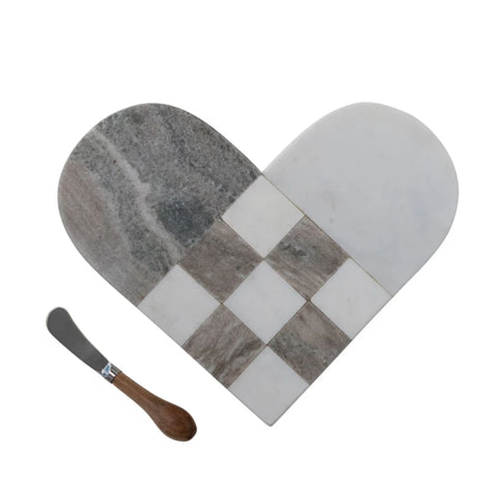 Two-Tone Marble Heart Shaped Cheese/Cutting Board w/ Canape Knife - Gr