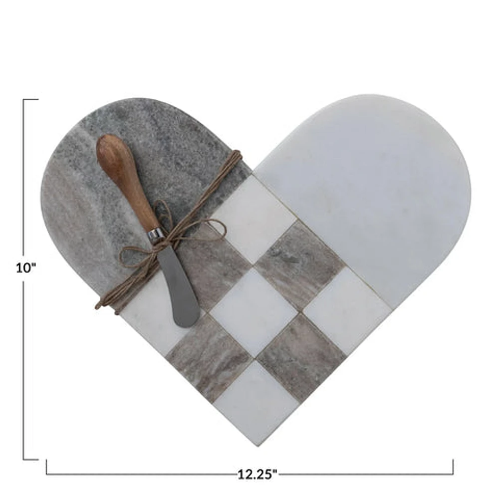 Two-Tone Marble Heart Shaped Cheese/Cutting Board w/ Canape Knife - Gr