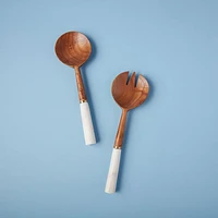 White Marble & Wood with Gold Band Serving Set