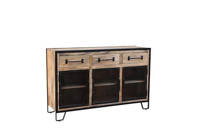 FLOOR MODEL ANISA SOLID WOOD INDUSTRIAL SIDEBOARD WITH METAL MASH DOOR