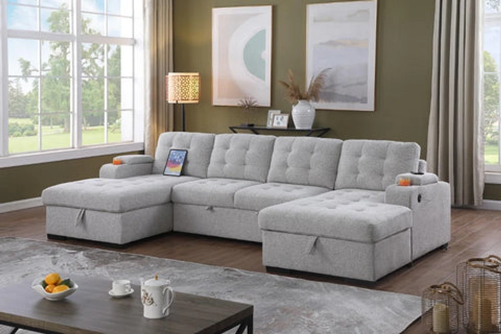 Alonso Sleeper U-shaped Premium Fabric Sleeper Sectional - Light Grey