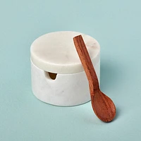 White Marble Lidded Cellar with Wood Spoon