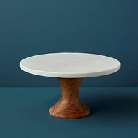 White Marble & Acacia Rotating Cake Stand