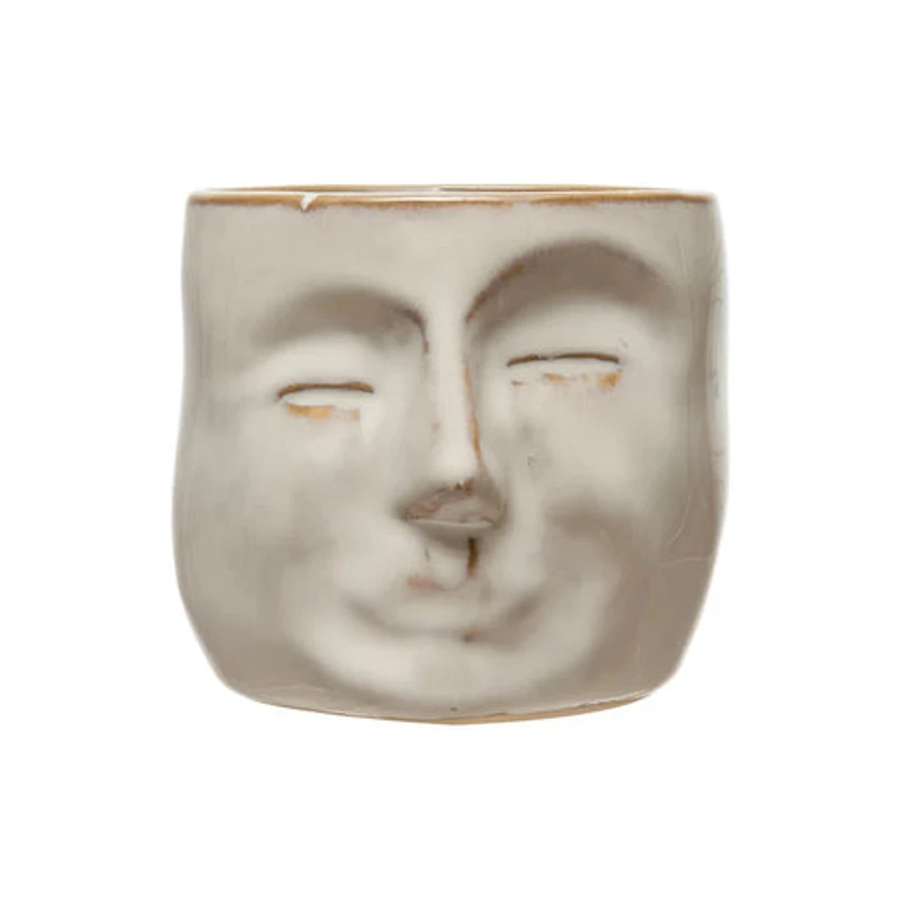 Stoneware Mini Planter with Face, Reactive Glaze