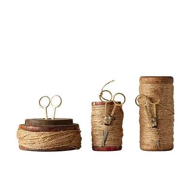 Found Wooden Spools with Jute and Scissors, Set of 3