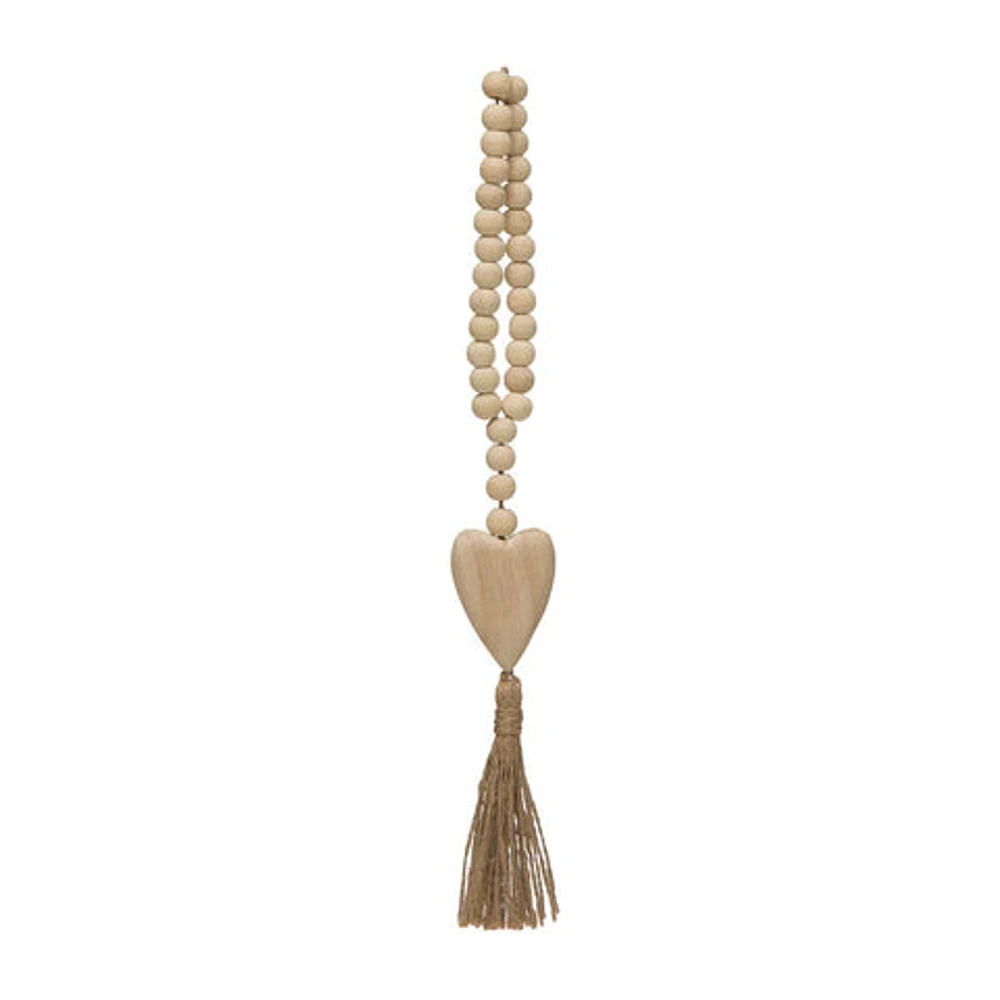 Wood Beads with Heart Icon and Jute Tassel