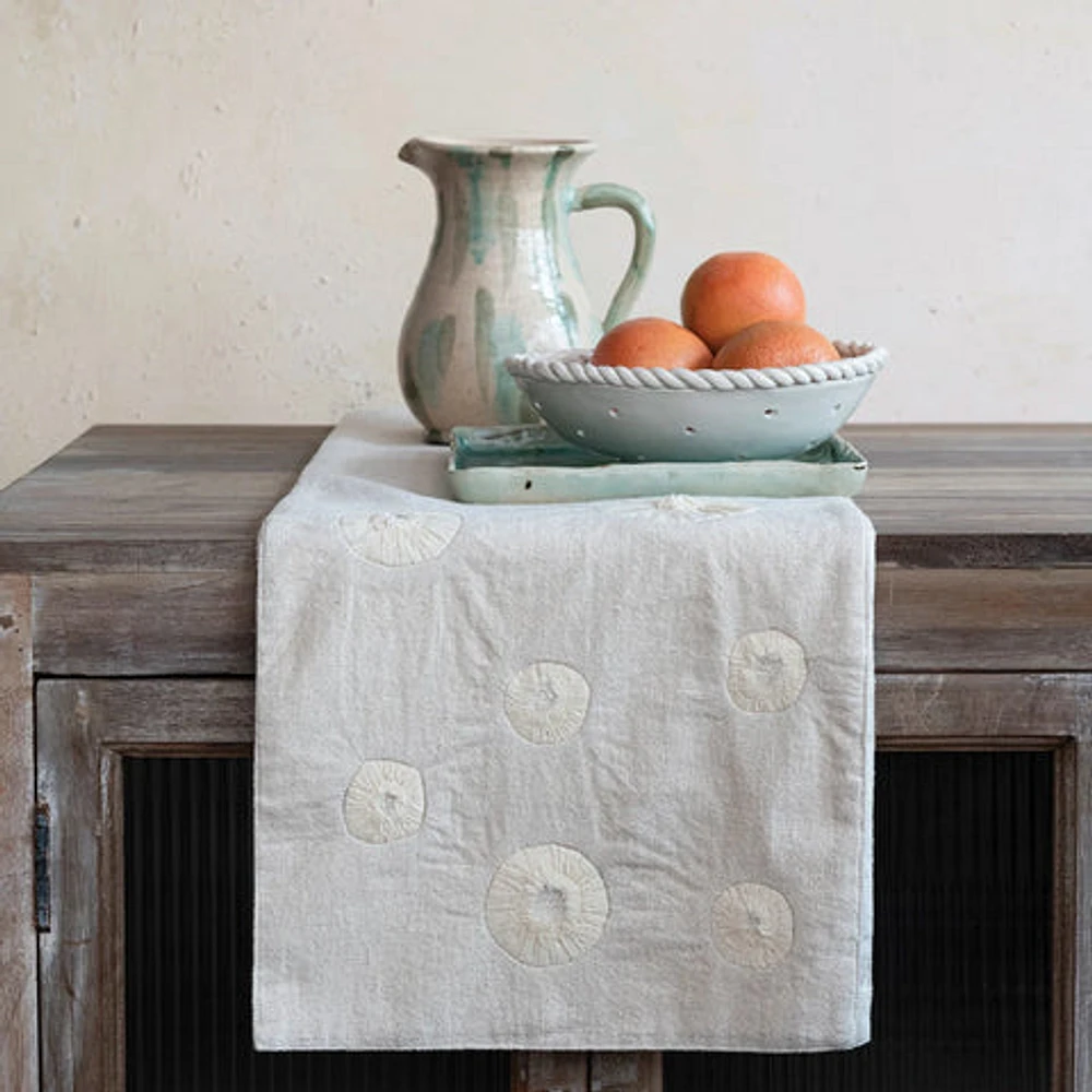 Handmade Woven Cotton & Linen Table Runner w/ Applique