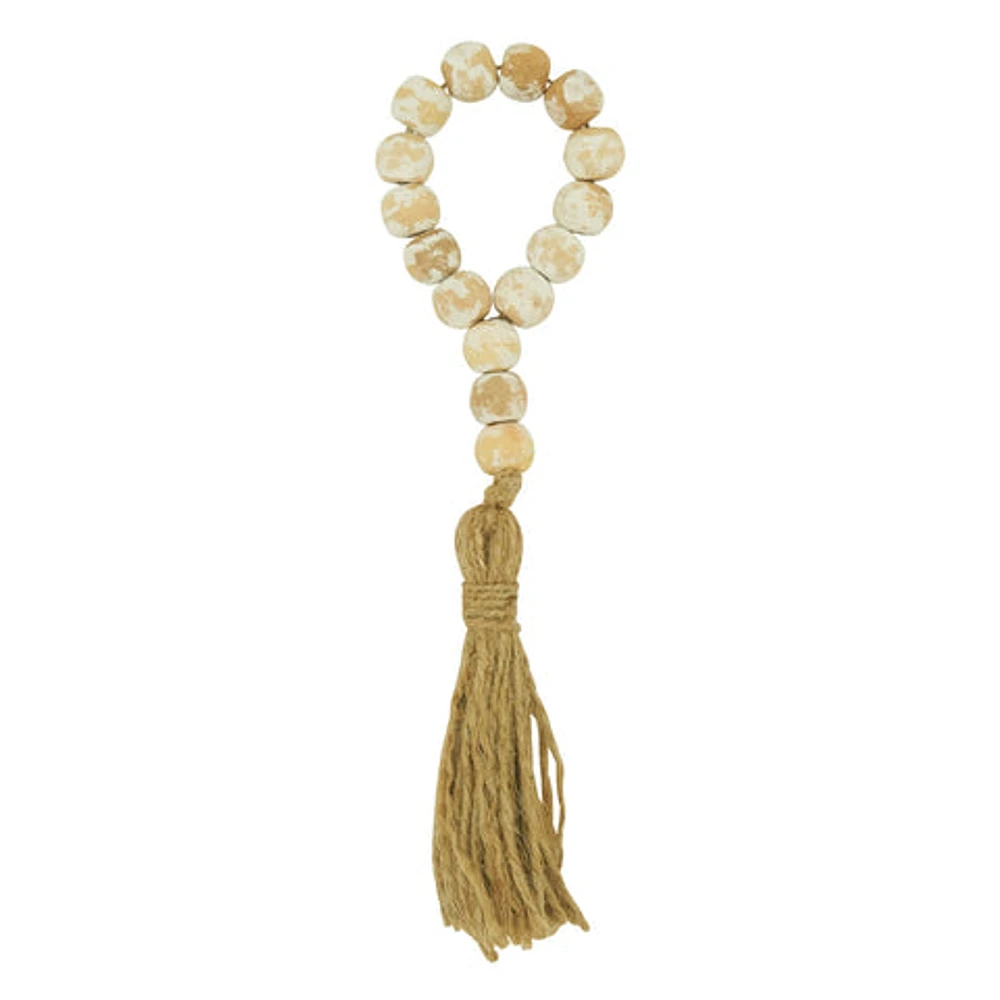 Wood Bead Tassel Napkin Rings, White - Set Of 4