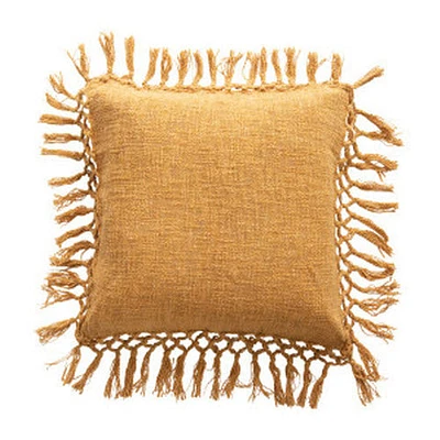 20" Square Cotton Slub Pillow w/ Crochet & Fringe - Mustard Color